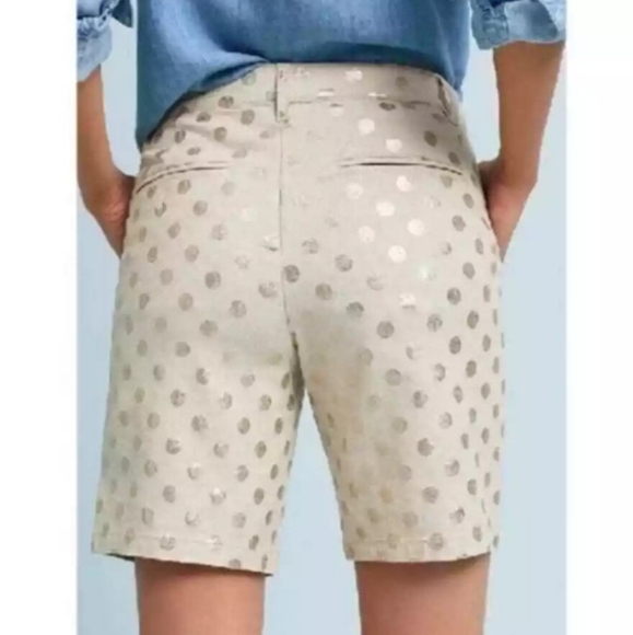 Anthropologie Linen Metallic Polka Dot Shorts Women's 27 Gold Preppy Academia - Picture 5 of 11